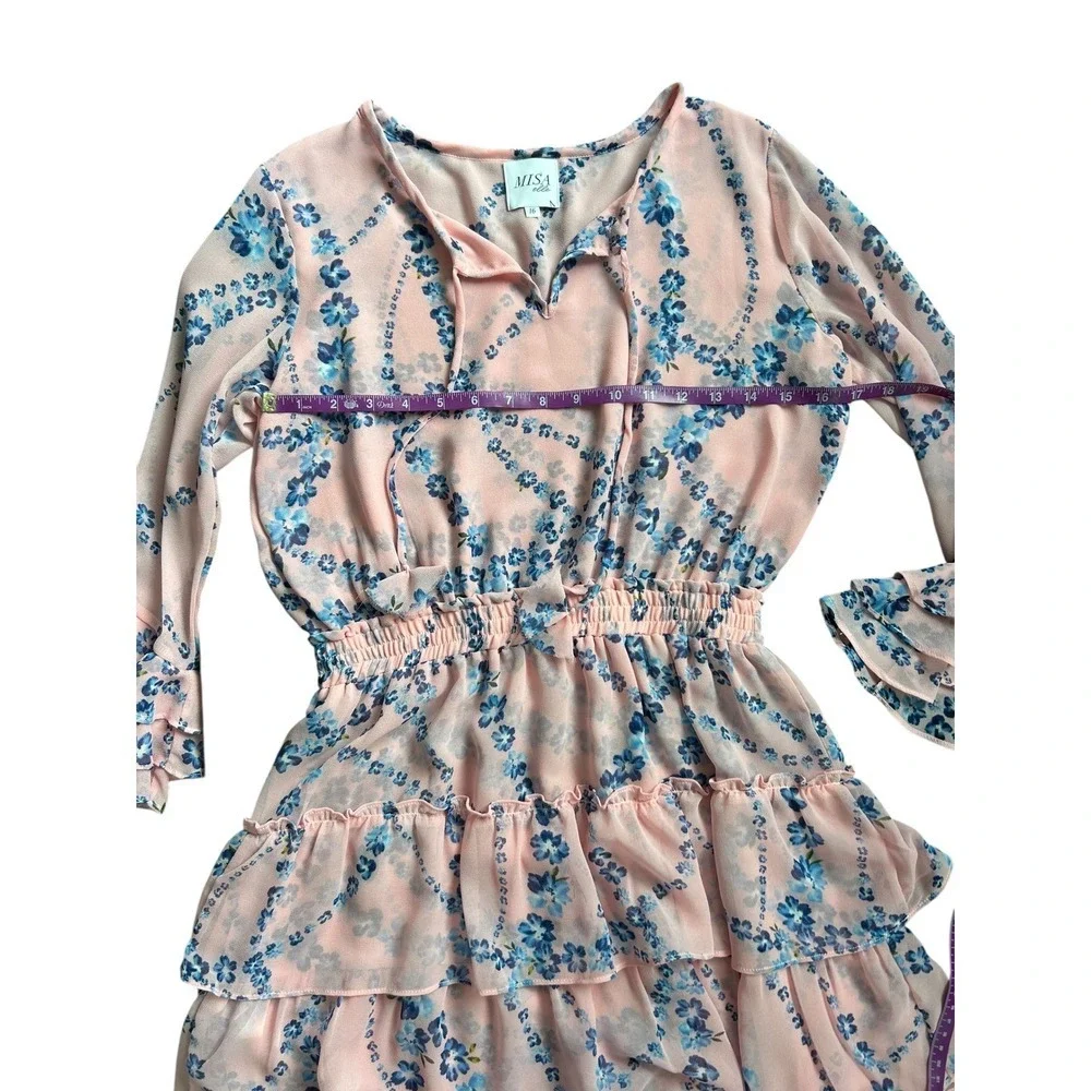Misa Elle Kids Pink Blue Floral Long Sleeve Ruffle Tiered Dress Size 16‎